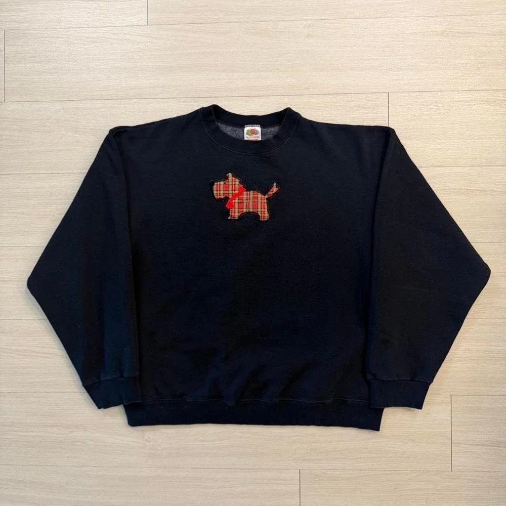 90's Vintage Fruit Of The Loom Plaid Dog Black Crewneck Sweatshirt Mens XL
